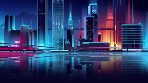 A vibrant neon skyline featuring futuristic buildings reflecting on water in a digital cityscape