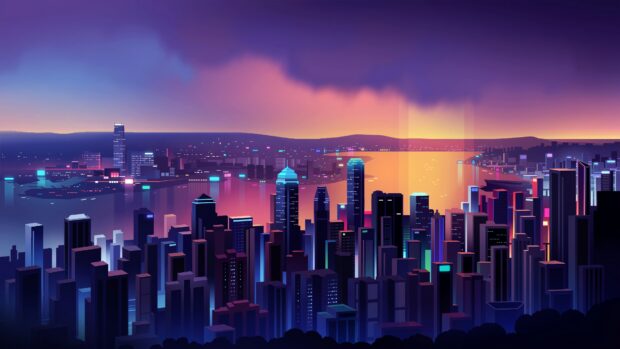 Neon skyline glowing with vibrant lights over a modern cityscape at dusk