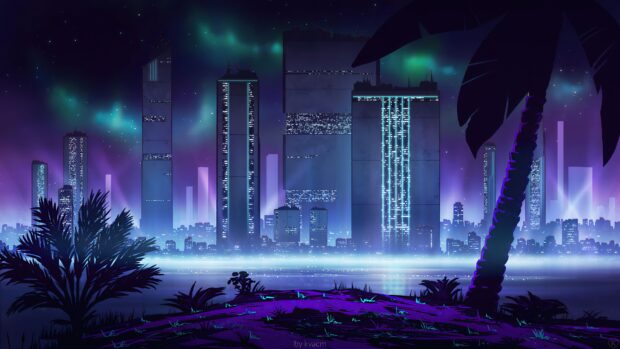 Neon skyline with futuristic glowing structures and tropical plants in a vibrant cityscape