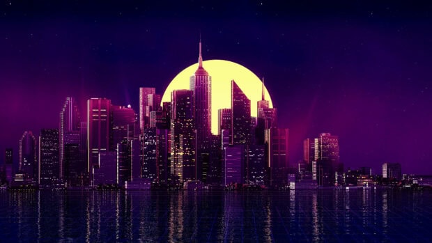 Neon skyline with vibrant purple and yellow lights reflecting on water at night