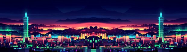 Vibrant neon skyline featuring tall towers and colorful cityscape at sunset with mountains in the background