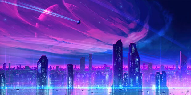 A futuristic neon skyline with towering skyscrapers under a vibrant purple sky