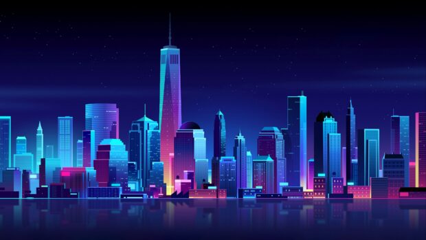 Vibrant neon skyline with illuminated skyscrapers reflecting on water at night