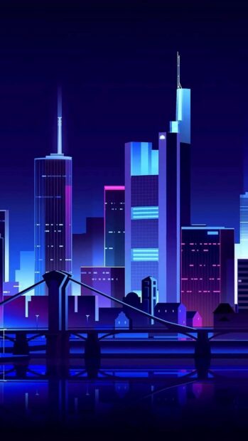 A vibrant neon skyline featuring futuristic city buildings illuminated in shades of blue and pink at night