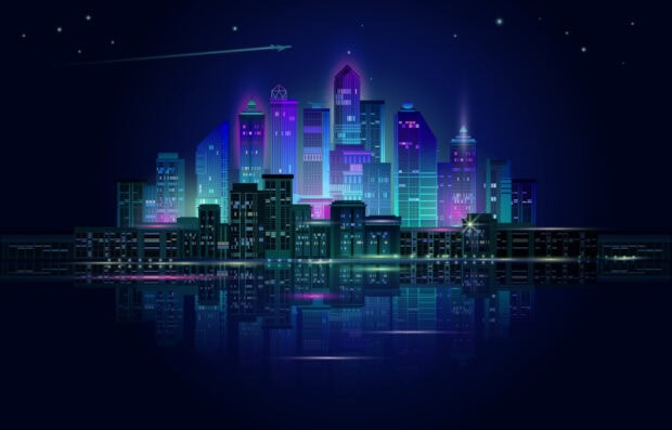 A vibrant neon skyline with glowing lights reflecting on water at night