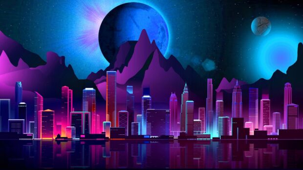 Neon skyline with vibrant lights and futuristic buildings under a glowing blue planet