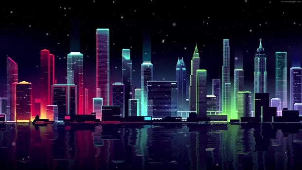 Neon skyline with colorful glowing buildings reflected in water at night