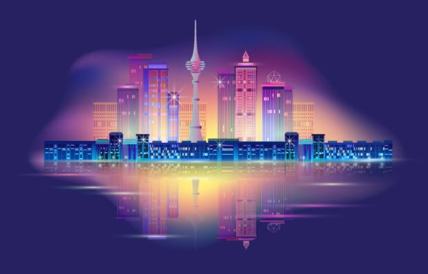 Neon skyline with colorful illuminated buildings and reflections at night
