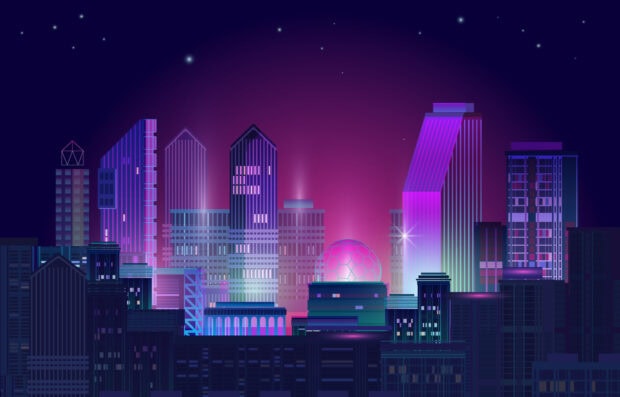 Neon skyline with futuristic buildings glowing in vibrant colors against a night sky with stars
