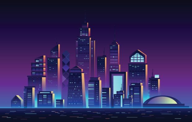 Neon skyline with glowing buildings against a vibrant purple sky