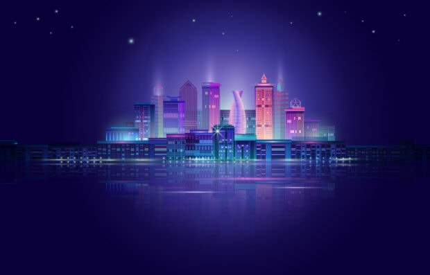 Neon skyline with glowing buildings reflecting on water at night
