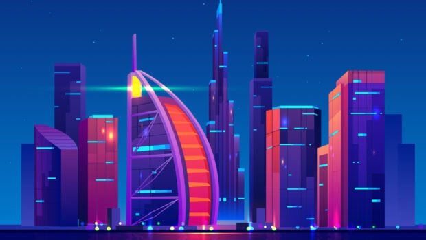 A vibrant neon skyline with futuristic buildings lit up in bright colors at night