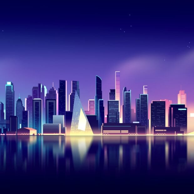 Neon skyline with glowing futuristic buildings reflecting on water at night