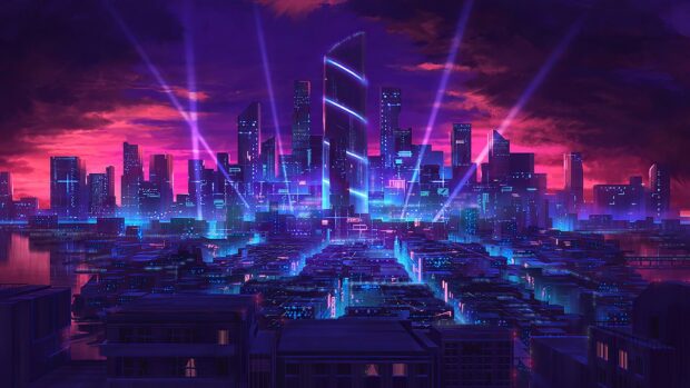 Neon skyline with glowing lights and futuristic towers under a vibrant purple sky