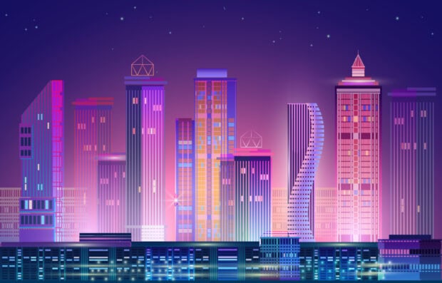Neon skyline with glowing skyscrapers and vibrant lights in a high rise cityscape at night
