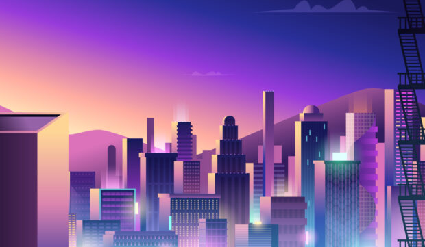 Neon skyline with glowing buildings and purple pink hues at sunset in cityscape scene