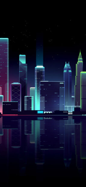Neon skyline with glowing buildings reflecting on water at night