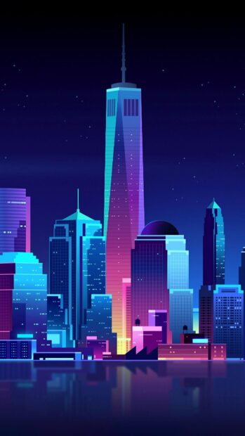 Neon skyline with vibrant colors and glowing buildings under a starry night sky