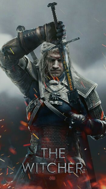Geralt the Witcher holding a sword in a dramatic pose from the Witcher series on Netflix