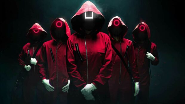 The Netflix characters wearing red jumpsuits and white gloves standing in a dark setting
