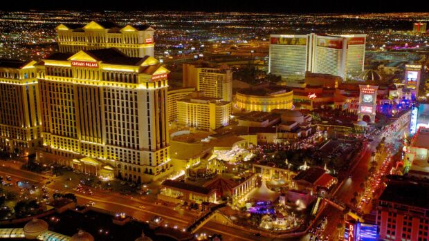 Aerial view of Nevada cityscape with Caesars Palace illuminated at night
