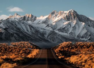 A scenic view of Nevada mountains with snow covered peaks and a road leading through autumn colored shrubs