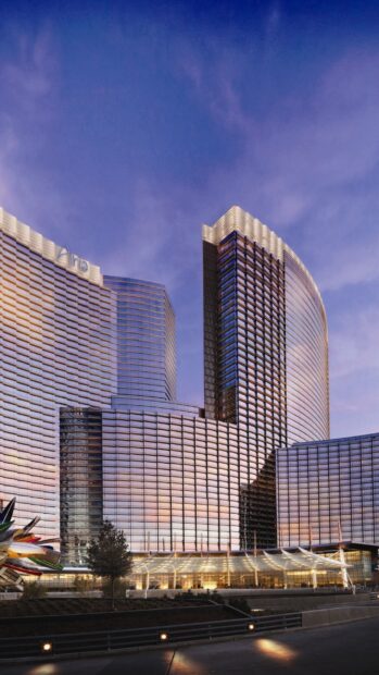 Modern architecture of Nevada cityscape reflecting sunset light