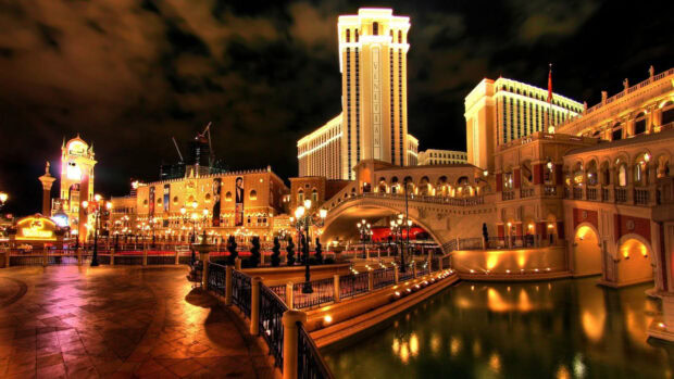 The Venetian hotel and casino illuminated at night in Nevada cityscape