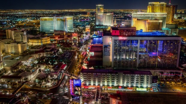 A vibrant night view of Nevada cityscape with illuminated hotels and streets at night