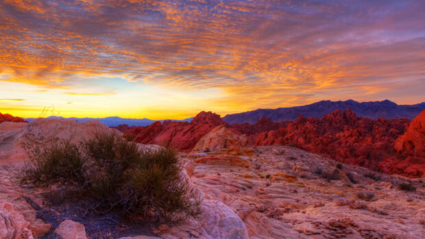 Beautiful Nevada desert landscape with colorful rocks and vivid sunset sky