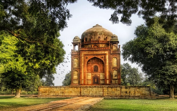 Ancient tomb in New Delhi surrounded by trees and flying birds