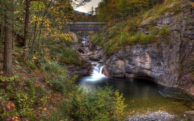 Autumn forest and flowing river under a wooden bridge in New Hampshire