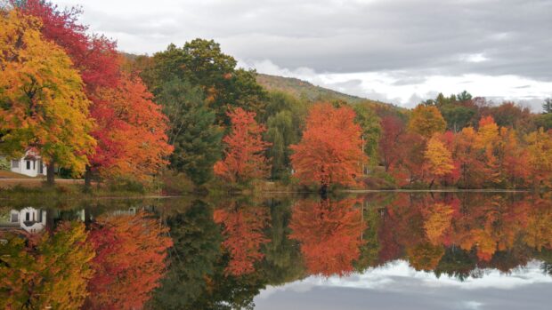 Vibrant New Hampshire autumn foliage reflected on the calm lake surface
