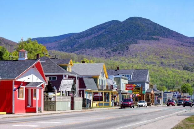 Small town street with mountain view in New Hampshire