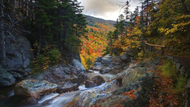 A scenic autumn landscape in New Hampshire with colorful trees and a flowing river surrounded by rocks and forest