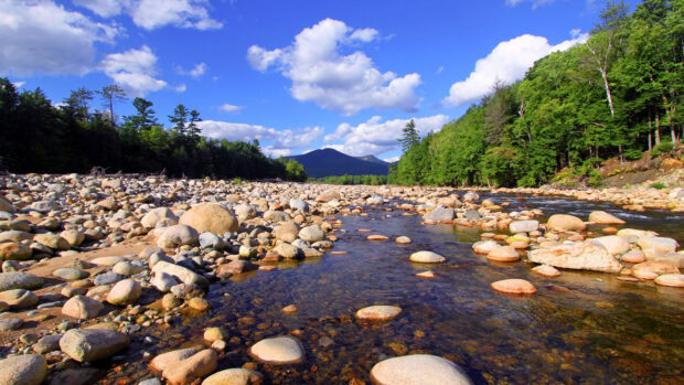 A scenic river with large rocks and forested banks in New Hampshire nature