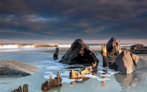 Weathered wooden posts and large rocks on a New Jersey beach at low tide under a cloudy sky