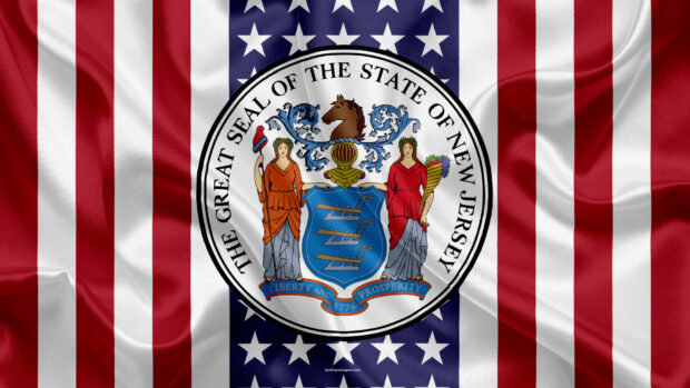 The Great Seal of the State of New Jersey on a waving flag
