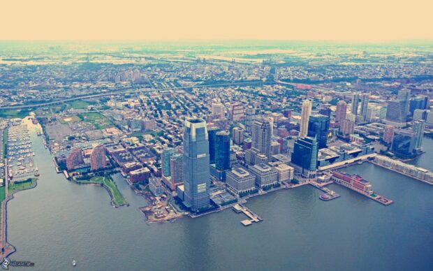 Aerial view of New Jersey downtown skyline with skyscrapers and waterfront area