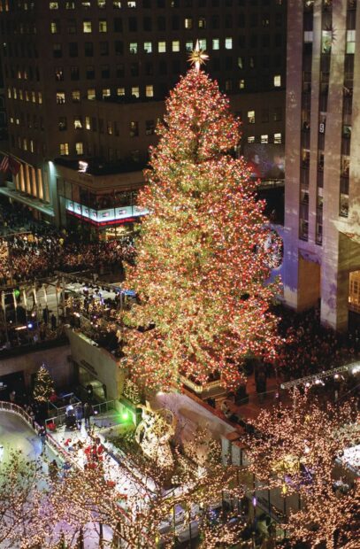 Large New York Christmas tree with colorful lights in a busy city square at night