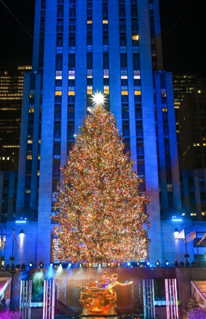 The Rockefeller Center Christmas tree decorated with colorful lights in New York