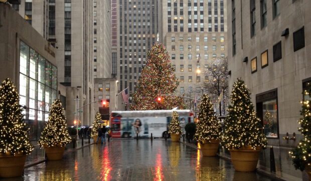Christmas tree and decorations in New York city during holiday season