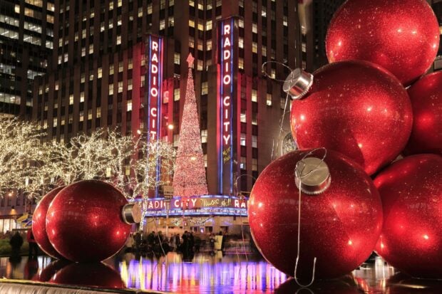 Giant red Christmas ornaments near Radio City Music Hall at New York during Christmas season