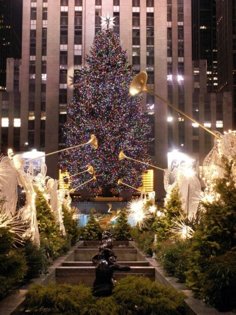 New York Christmas tree with colorful lights in the festive holiday season