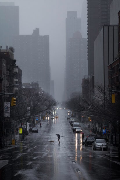 A person walking a dog on rainy New York streets in the fog