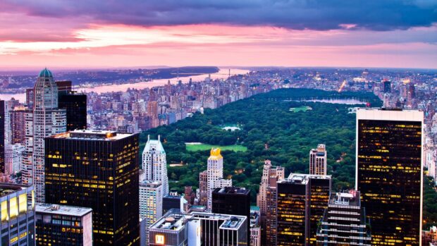 New York city skyline with Central Park at sunset showing stunning urban landscape