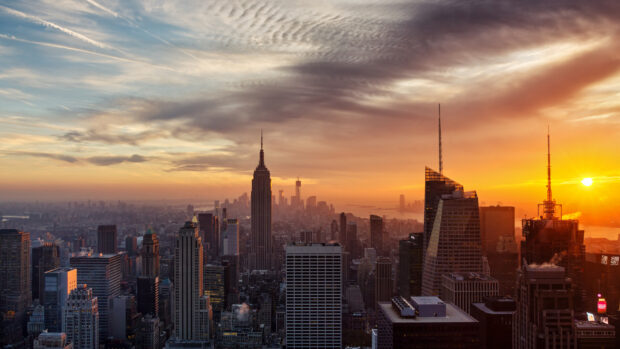 New York Sunset with city skyline and vibrant sky colors