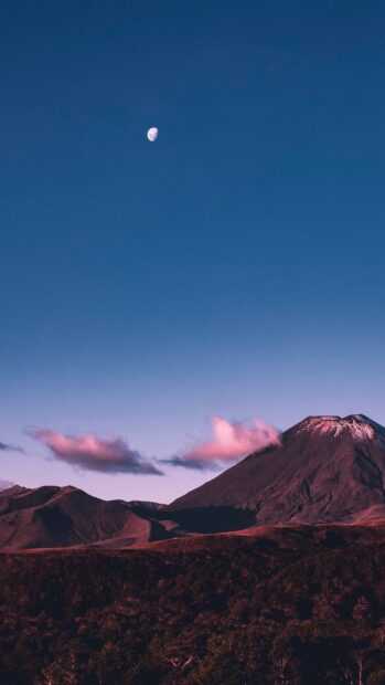 A serene landscape of New Zealand with a mountain under a clear sky and the moon visible