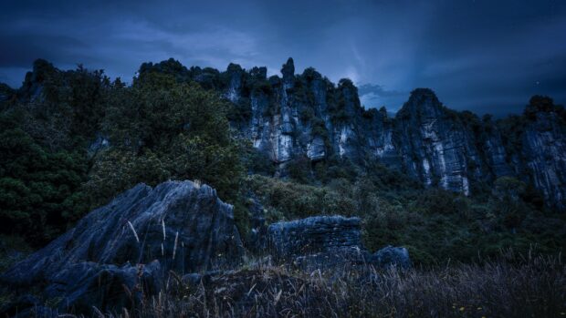Rocky cliffs and dense forest under a night sky in New Zealand landscape