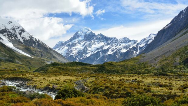 Snow covered mountain and green landscape in New Zealand
